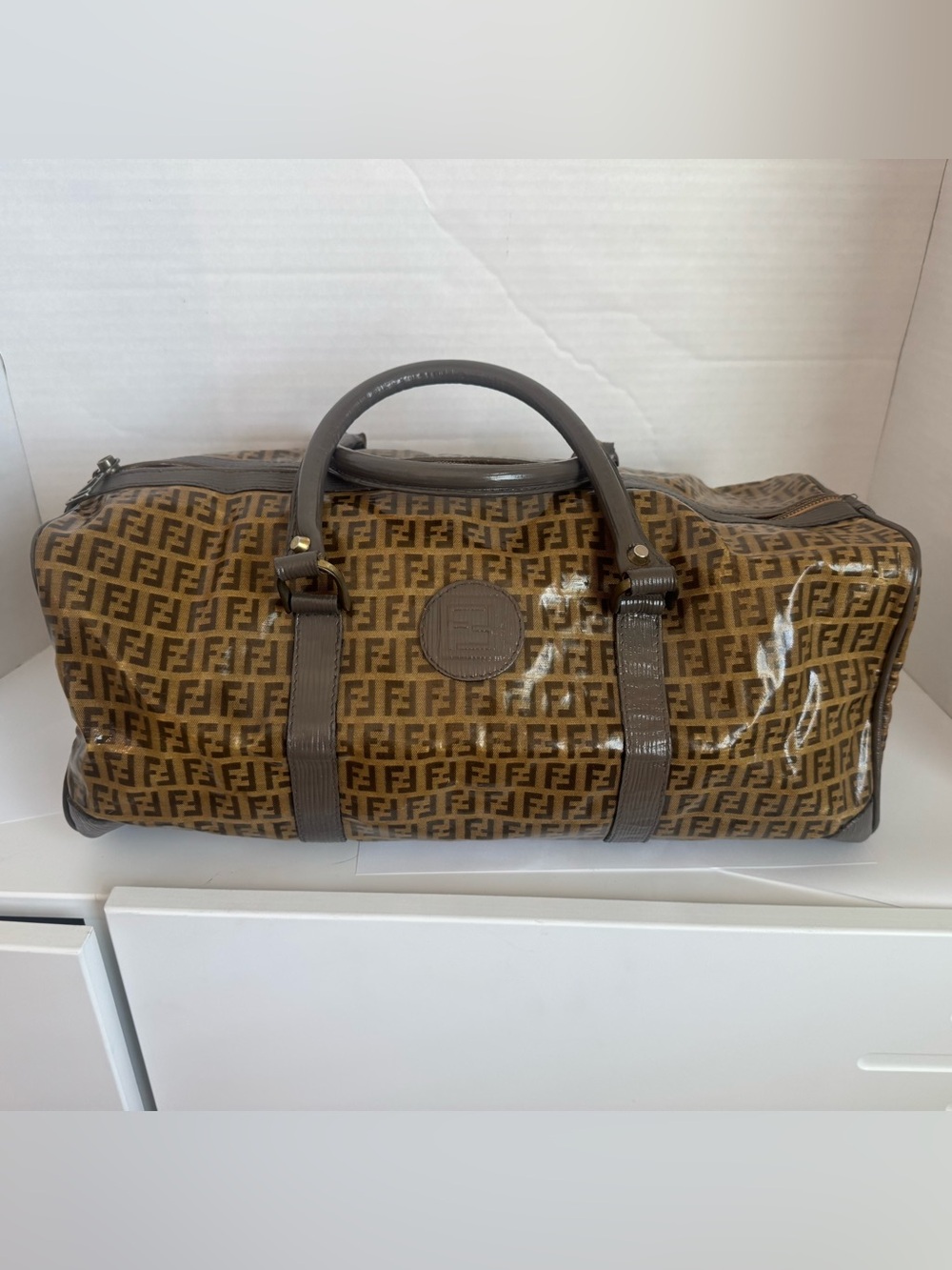 SOLD: Authentic Fendi Zucca Boston Bag Purse Brown FF Monogram Canvas Duffle - Picture 1 of 15